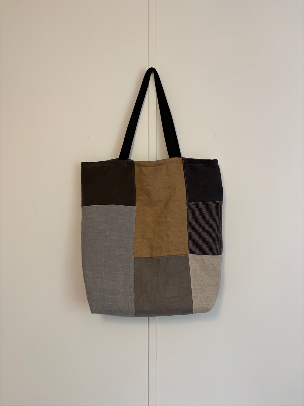 Patchwork Linen & Corduroy Tote Bag in Black, Gray, Tan